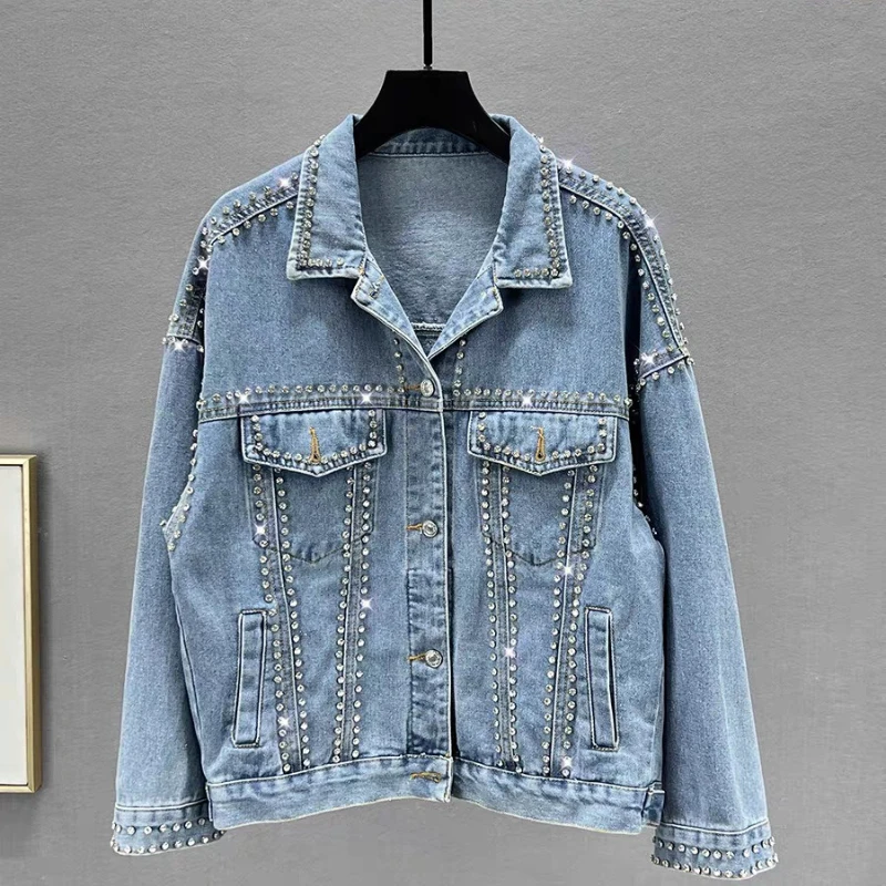 Rhinestone Beading Denim Jacket for Women Fashionable High Street Autumn Jackets Loose Lapel Female Shiny Coat 2025 New