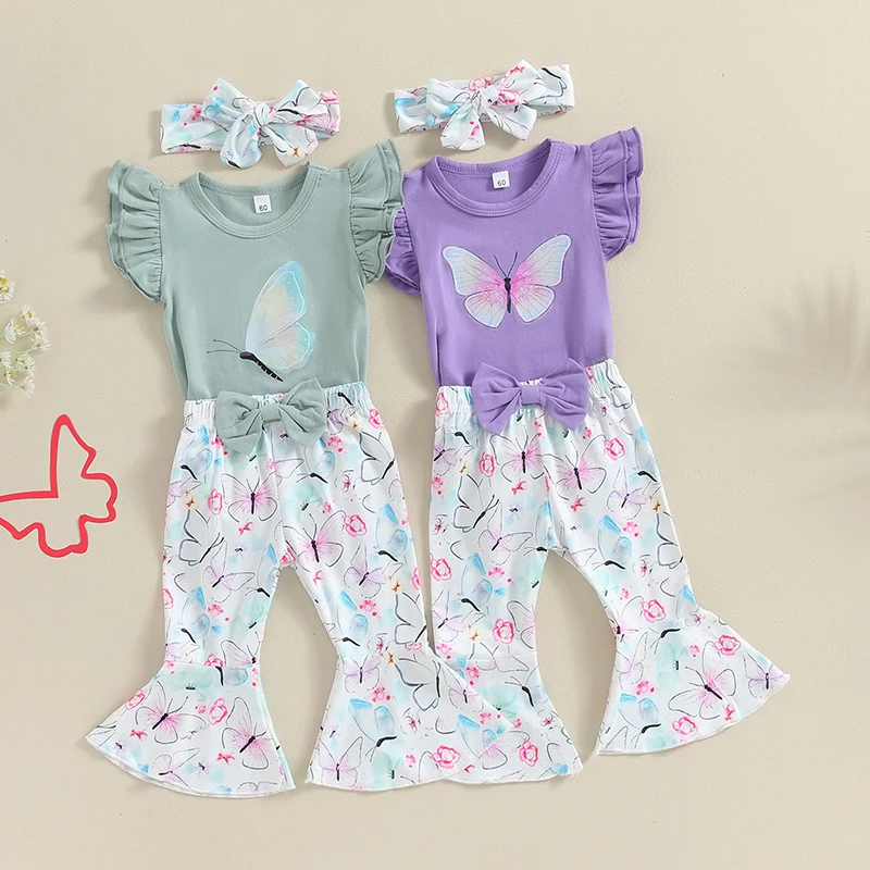 

Toddler Clothes Girls Summer Outfit Fly Sleeve Butterfly Print Romper with Flare Pants Headband 3pcs Baby Clothing