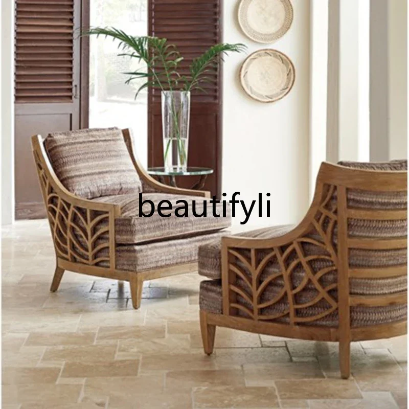 

01A American Style Hollow Carved Sofa Chair Solid Wood Oak Printed European Style Simple Design Light Luxury Living Room Sofa