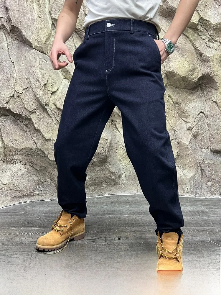 

Deep Blue Men's Straight Leg Jeans Breathable Comfortable Elastic Waed Cotton Polyester Blend Casual Pants Autumn Wear