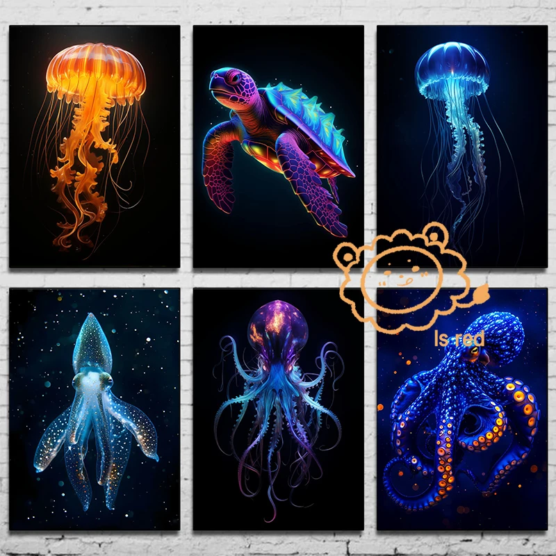 Aquarium Fish Poster - Underwater Space Poster Neon Octopus Jellyfish