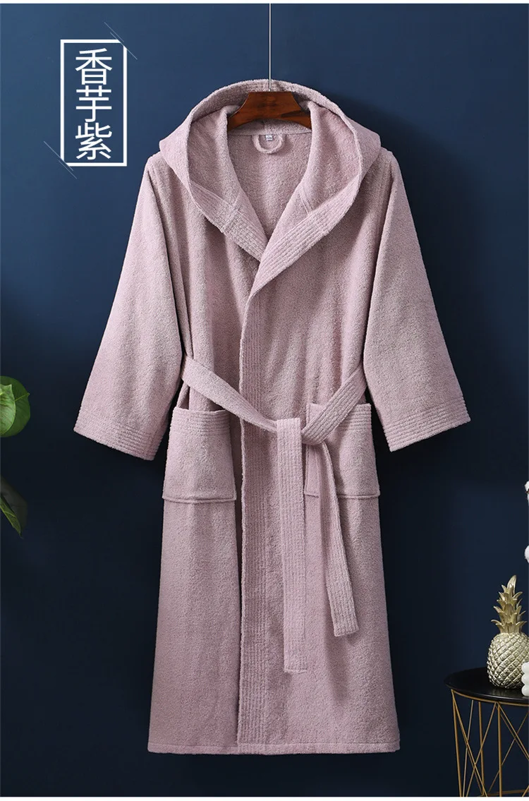 Women Hooded Towel Bathrobe 100%Cotton Winter New Thick Absorbent Terry Bath Robe Kimono Men Dressing Gown Solid Sleepwear