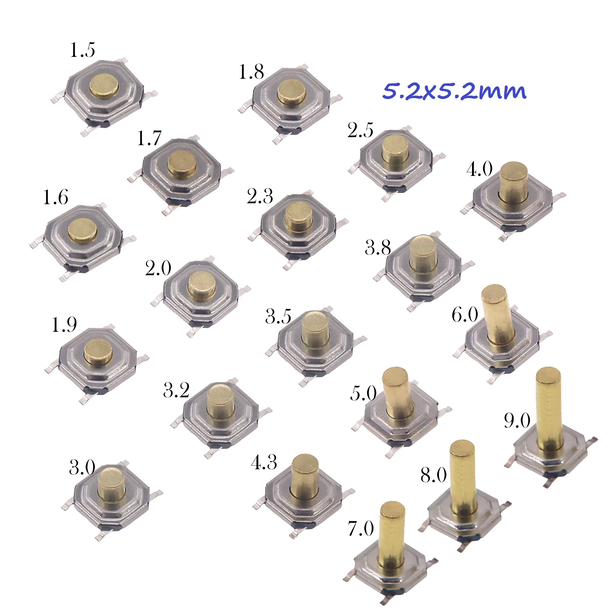 Metal Tactical Push Button Switch,Tact Switch,5.2x5.2x1.5mm to 9mm 4PIN SMT,Key Switch Speaker Audio button,PER 50PCS