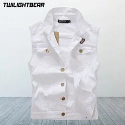 New Men's Denim Vest White Casual Sleeveless Jacket Oversized 4XL Streetwear Retro Hole Washed Cowboy Vest Men Clothing A2F806