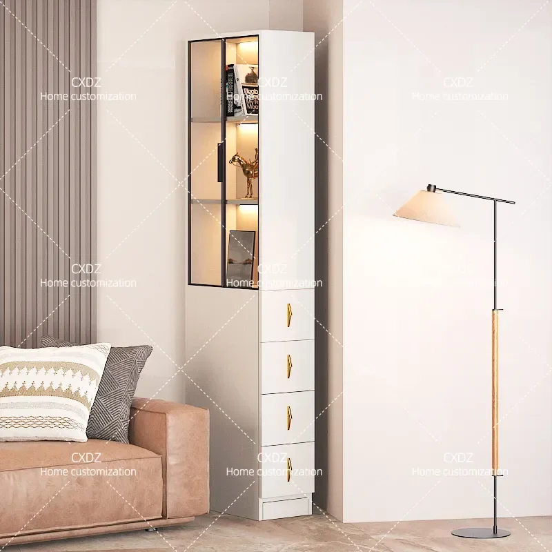 Slim Vertical Side Cabinet with Pull Out Drawer Narrow Corner Storage Unit for Bedroom Sofa Gap Bookcase Space Saving