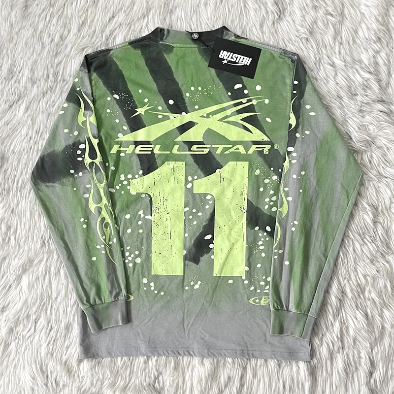 Hellstar Studios Moto Cross Long Sleeve Tie Dye Casual T-Shirt Cotton Standard Fit Youthful Trend Spring Autumn Wear