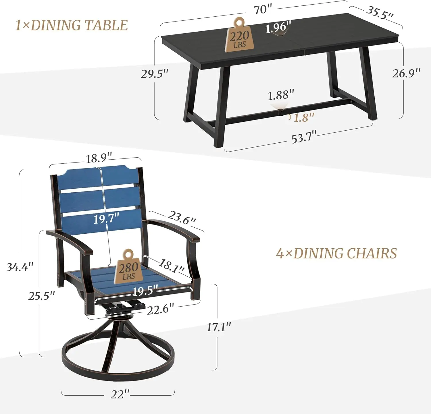 Chaise de salle à manger de patio bleu foncé, 5 pièces