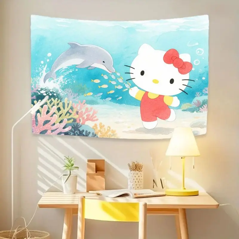 1枚入り キュートなハローキティ水中シーンタペストリー カラフルなサンゴアートウォールデコレーション 子供部屋や猫好きの方に最適