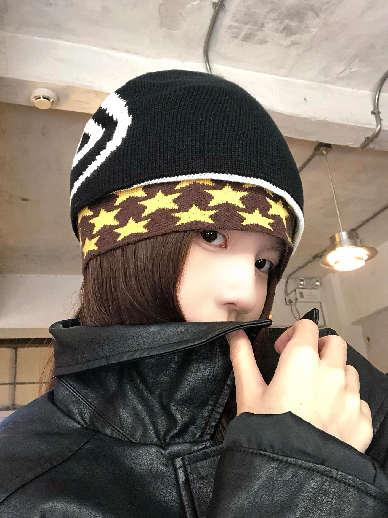 American Retro Knitted Star Hat Women's Double Layer Detachable Color Block Overhead Cap Autumn Casual No Brim Foldable Hat