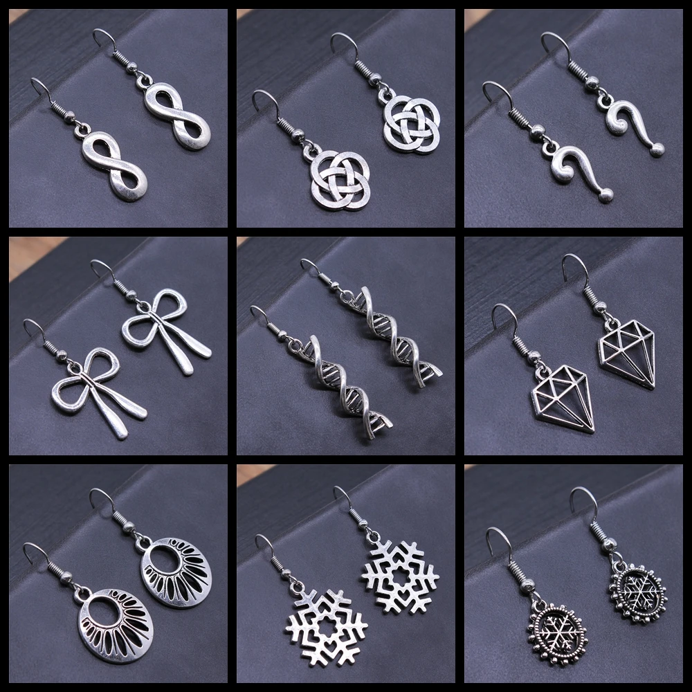 Geometric Shaped DNA Snowflake Bow Knot Infinity Dangle Earrings Vintage Antique Silver Color Earrings For Women Girl Gift