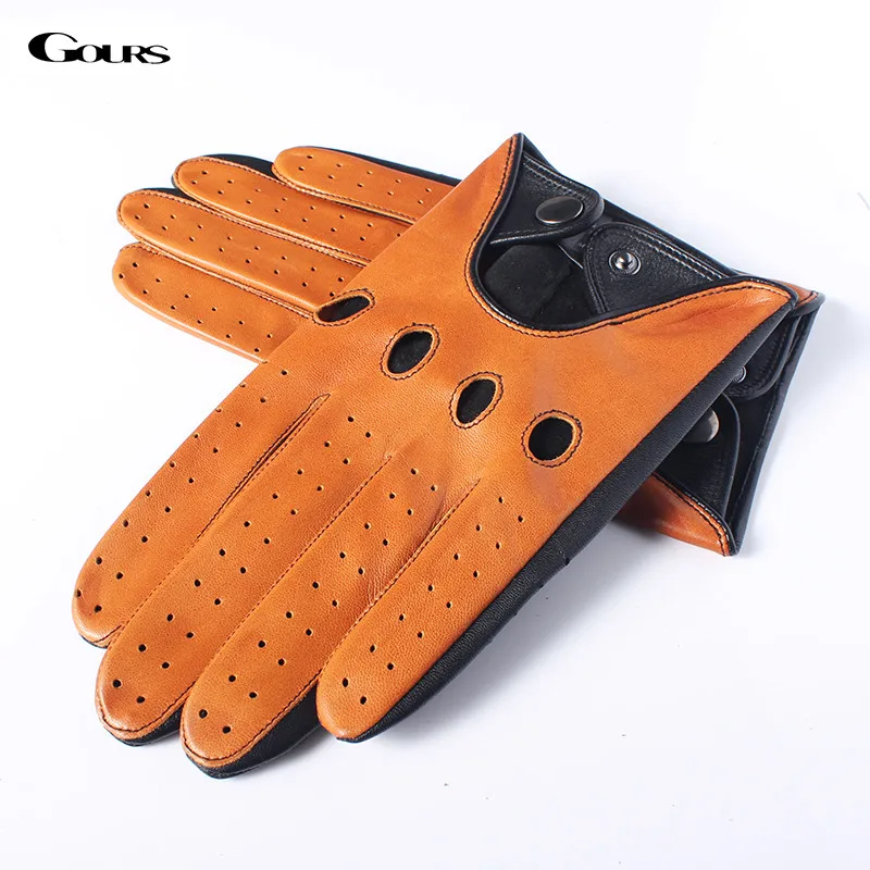 Gours Spring Men\'s Genuine Leather Gloves High Quality Fashion Black Driving Unlined Goatskin Finger Gloves New Arrival GSM047