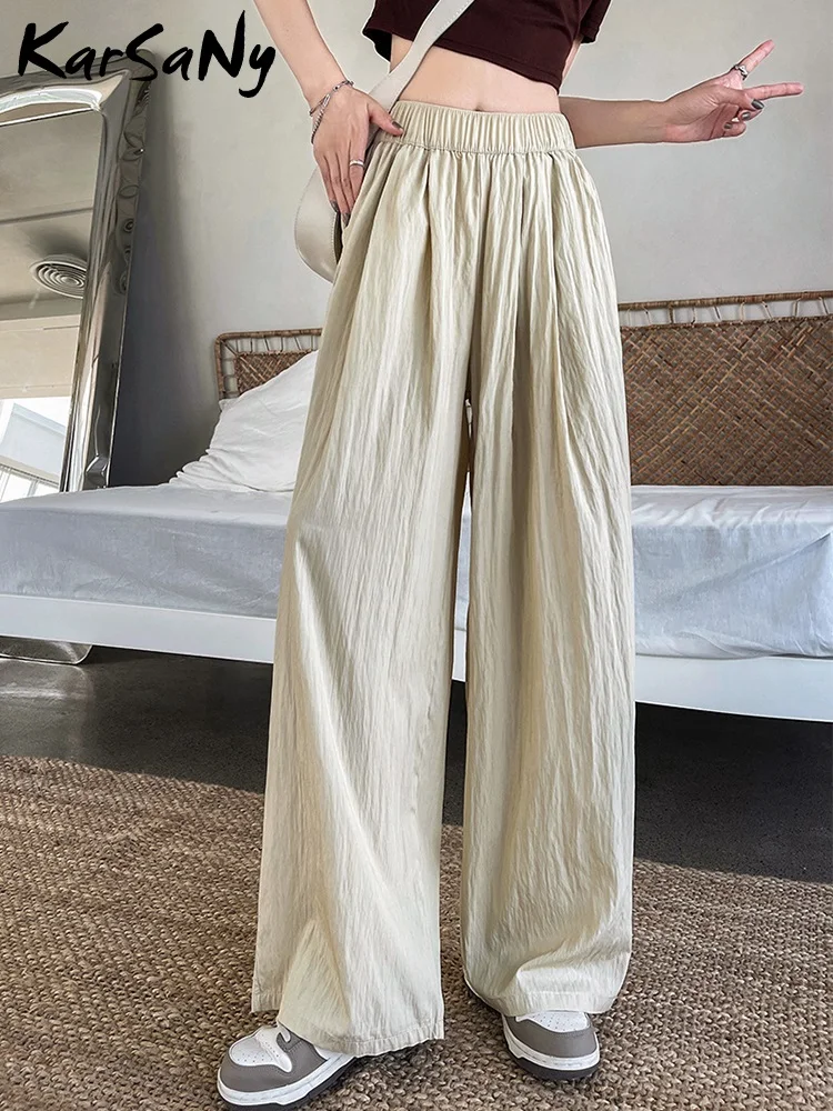 KarSaNy Summer Women Pants Wide Leg Trousers High Waist Ice Slik Pant Elastic Waist Loose Straight Baggy Pants Woman Summer