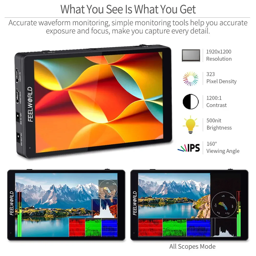 

FEELWORLD-F7 Pro On-Camera Field Director Monitor, 7 "IPS Touch Screen, 3D LUT DSLR, HDMI, 4K, 60Hz, HD with F970 External Power