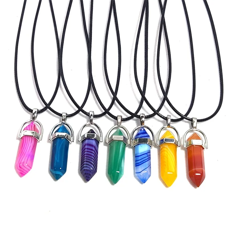 20pcs Natural Stripe Agate Stone Pendant Hexagon Prism Pendulum Chakra Jewelry Healing Crystal Quartz Point Women Men Necklaces