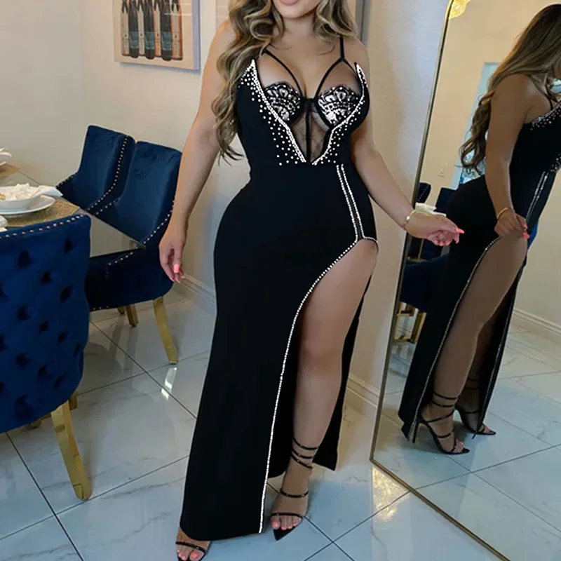 Sexy Lace Trim Spaghetti Strap High Slit Studded Maxi Party Dress Women