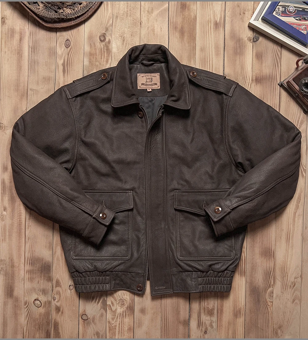 Dark Brown Winter Leather Jacket Men Retro Style Plus Size 5XL Genuine Natural Cowhide Turn-Down Collar Military G1 Pilot Coat