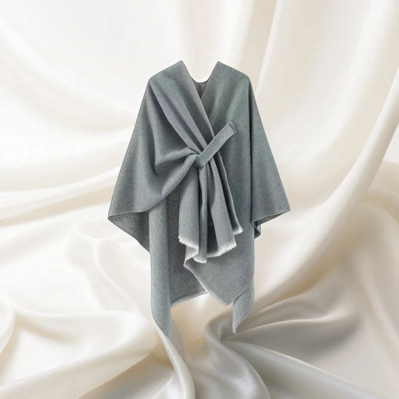 Light Luxury Solid Color Knit Cape Shawl, Elegant Monochrome Wrap with Ethnic Inspired Fringe