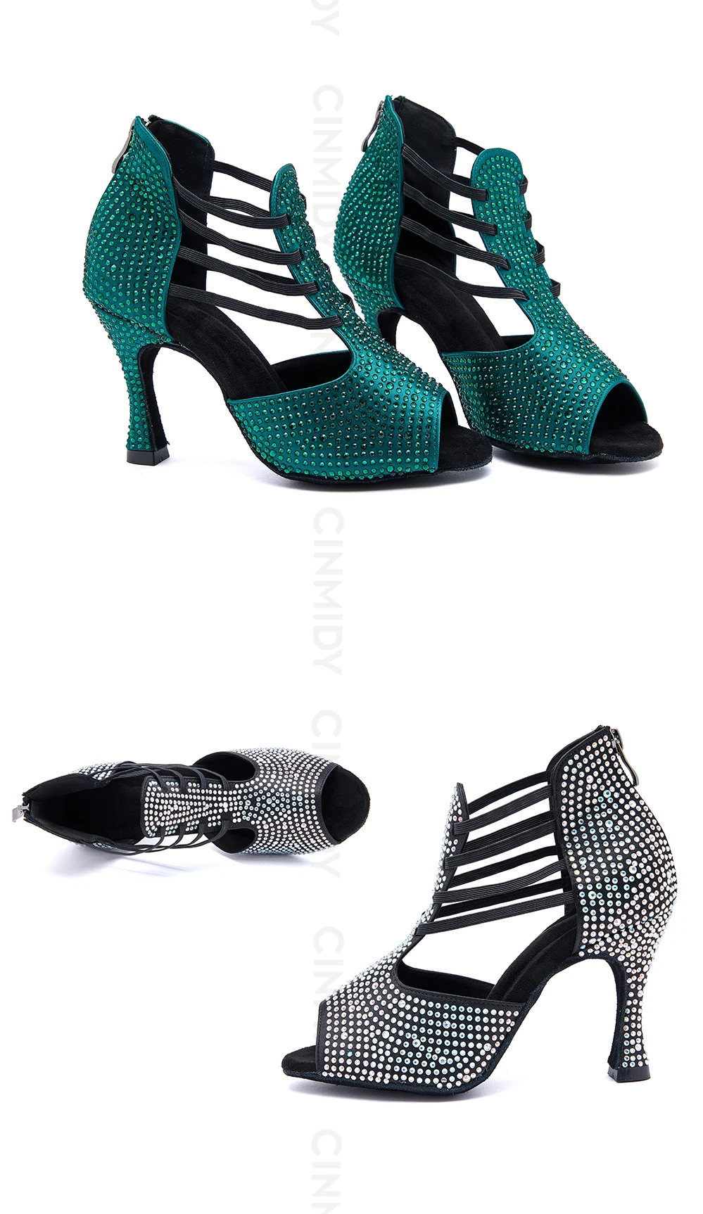 CINMIDY Schwarze Latein-Tanzschuhe für Damen, Salsa-Tanzschuhe mit Strass, Weiche Sohle, Ballsaal-Tanzsandalen, Party-High-Heels – Detail 3