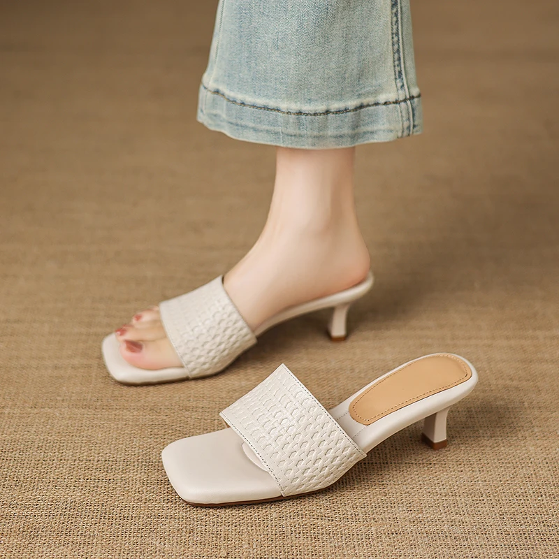 2026 new summer women sandals natural leather plus size 22-26cm sheepskin+cowhide+pigskin mules high heel women slippers fashion