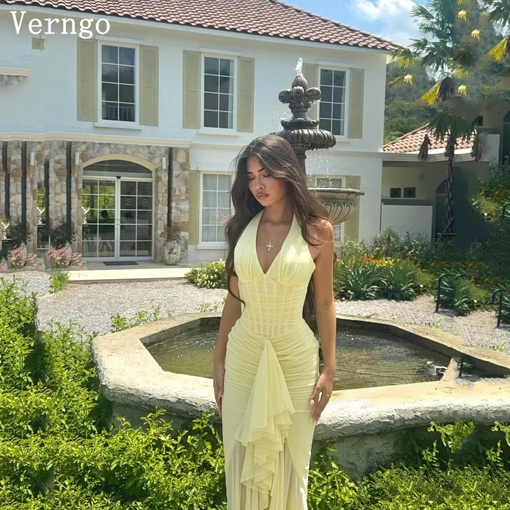 

Verngo Light Yellow Chiffon Evening Dress Halter Pleated Mermaid Prom Dress Holiday Maxi Sexy Prom Gowns Customized