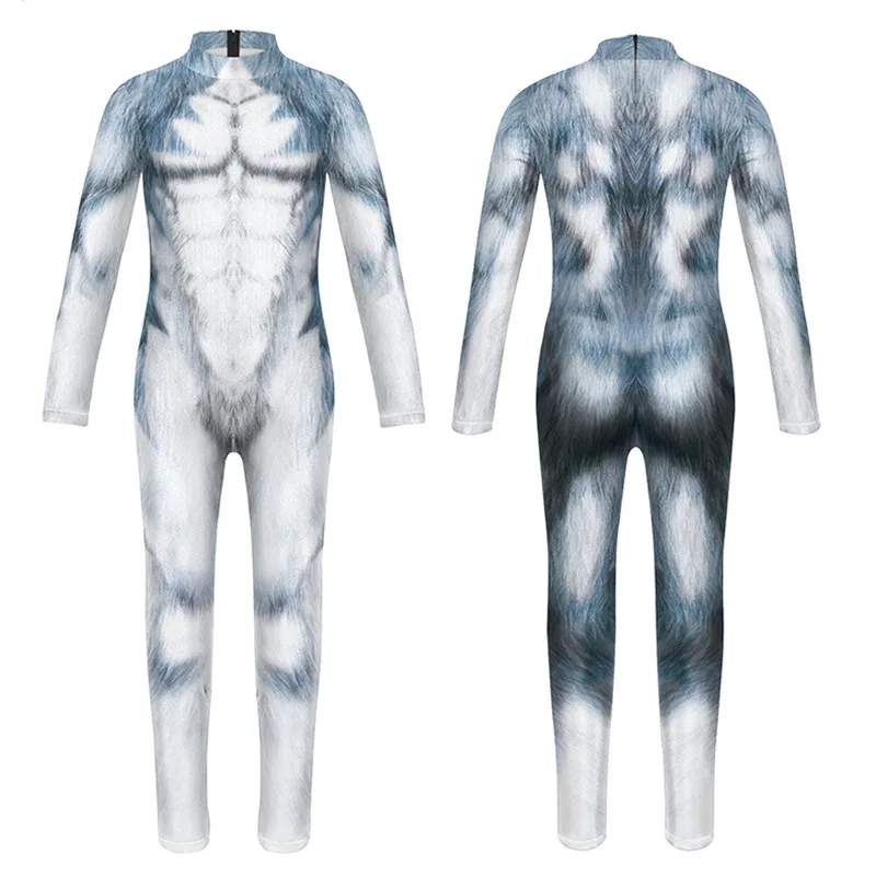 Kids Jongens Meisjes Cosplay Kostuum Zentai Jumpsuit Outfit Hobnob Party Rollenspel Jurk Up Bodysuit Wolf Skin Print Sexy Jumpsuits