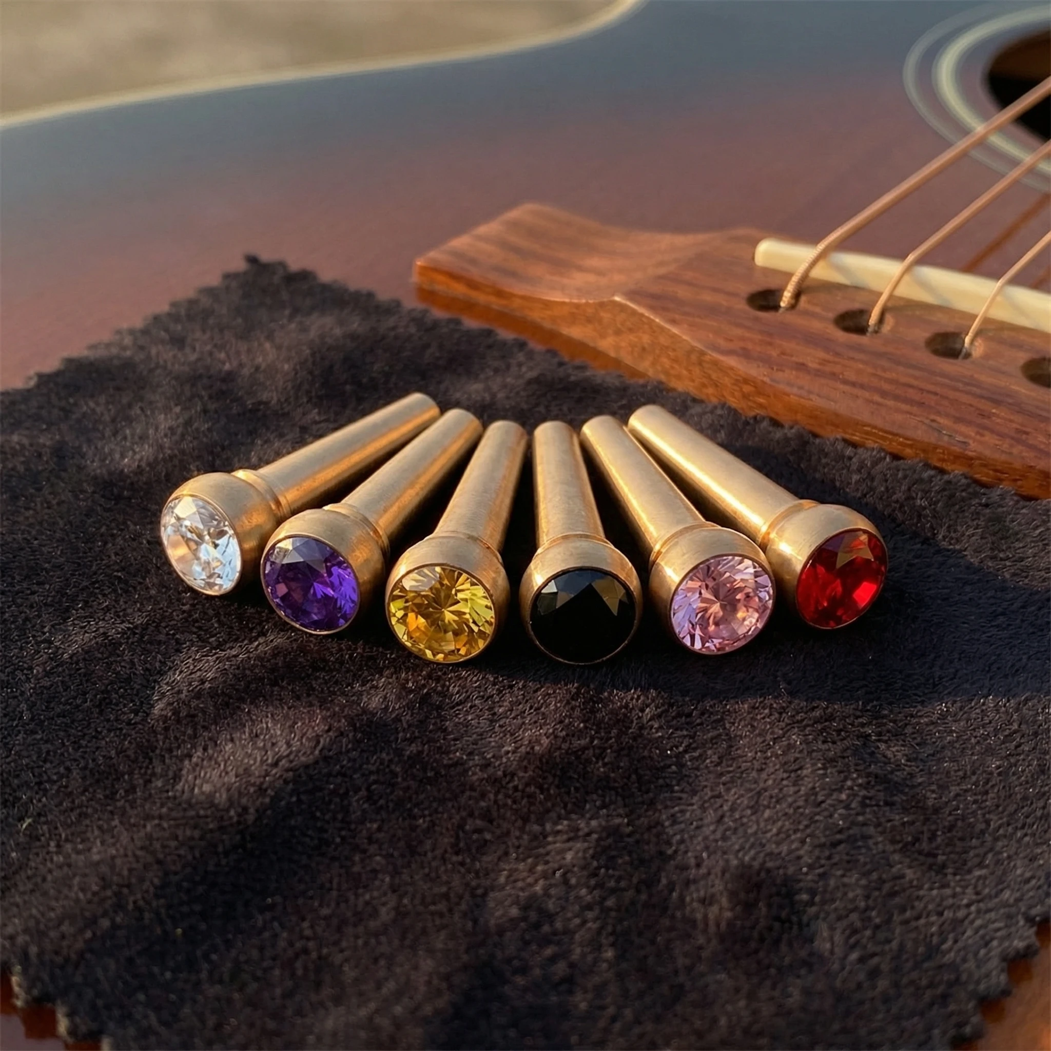 Miwayer 6pcs Acoustic Guitar Bridge Pins Inlaid Crystal Gems Brass String Pins Fixed Cone Nails for Guitarist Replacement Parts