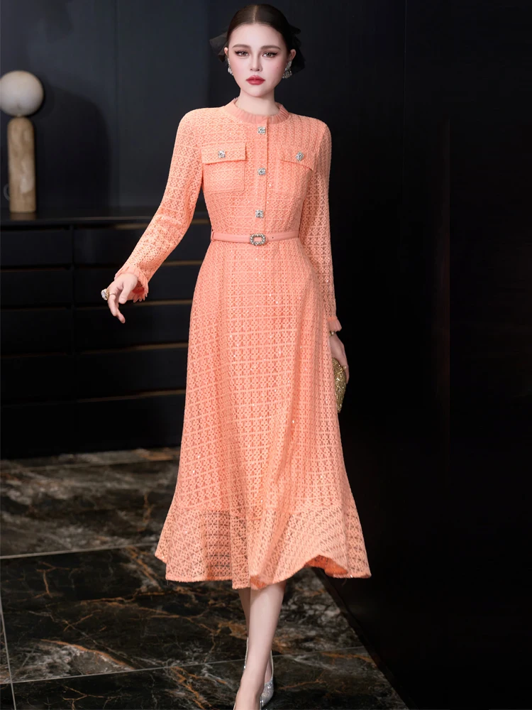 فساتين سهرة فرنسية أنيقة برقبة دائرية وأكمام طويلة من الدانتيل والترتر وحزام خصر عالي بقصة ضيقة فستان طويل للنساء #2