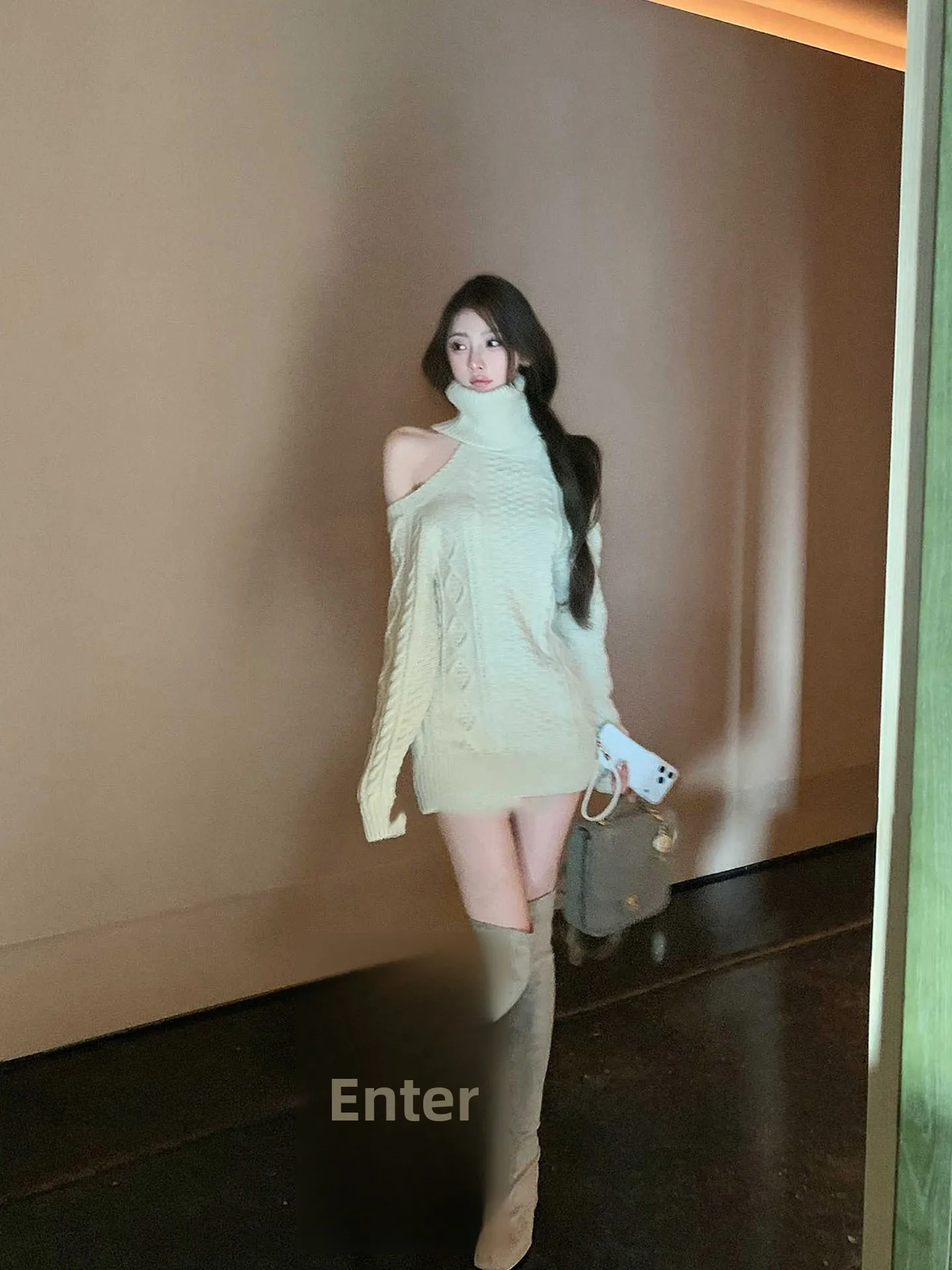 

Ele High Collar Long Sve Women's Knitwear Bal Design Loose Fit Slimming Autumn Winter Faionable Top