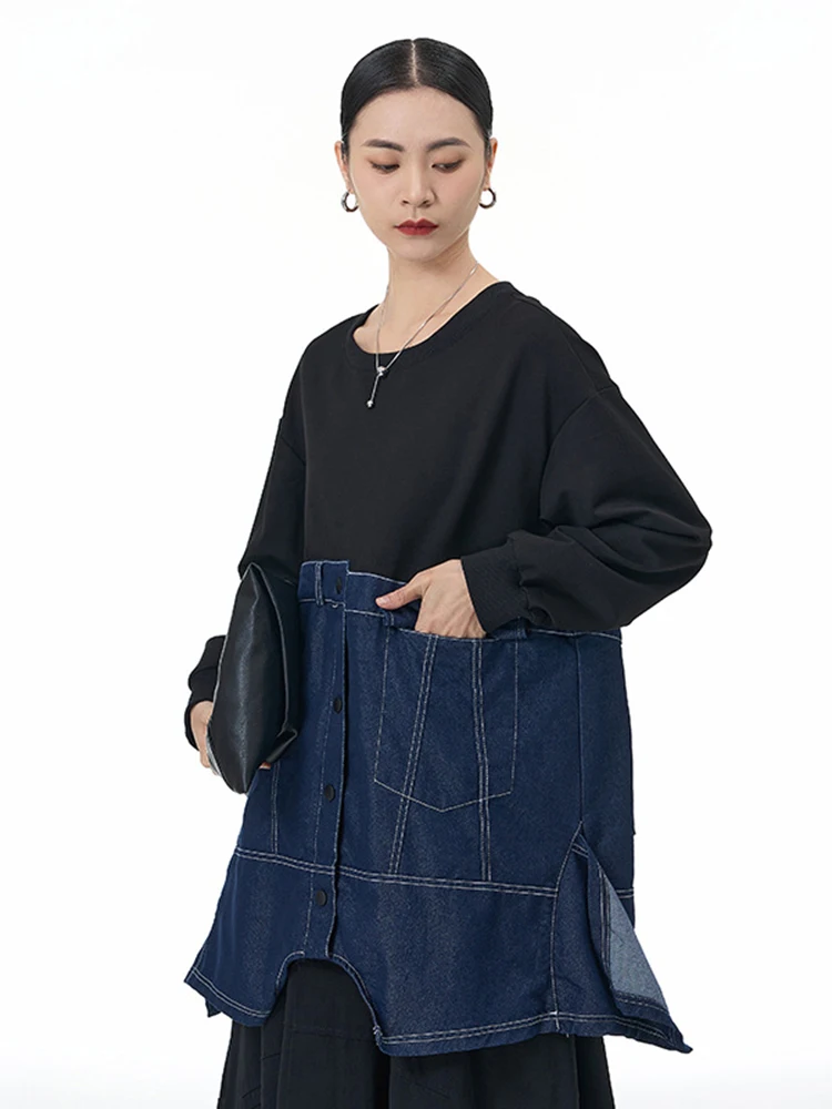 Blue Color-block Denim Sweatshirt New Round Neck Long Sleeve Women Big Size Fashion Tide Spring Autumn