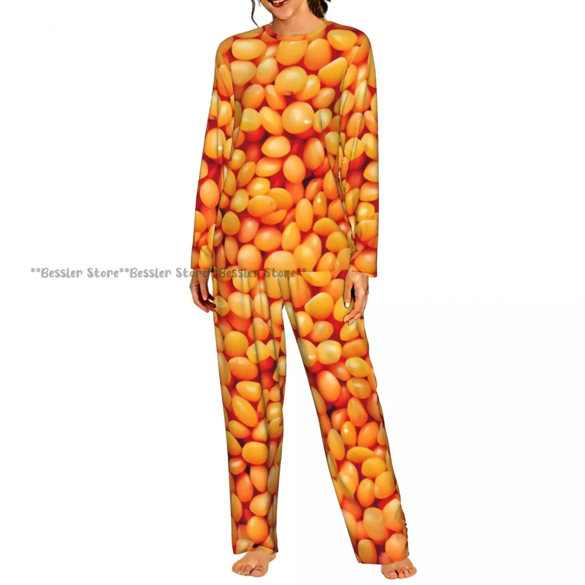 Ladies Soft Pajamas Set Lentil Abstract Food Texture Round Neck Long Sleeve Long Pants Casual Loose Homewear