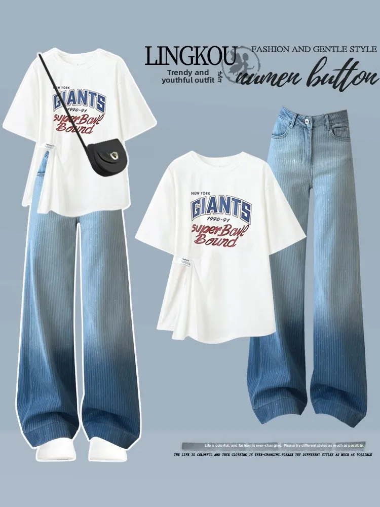 

Summer Casual Outfit Women's Design Slit Short Sleeve T-Shirt American Heavyweight Retro Jeans Two-Piece Set plus Size