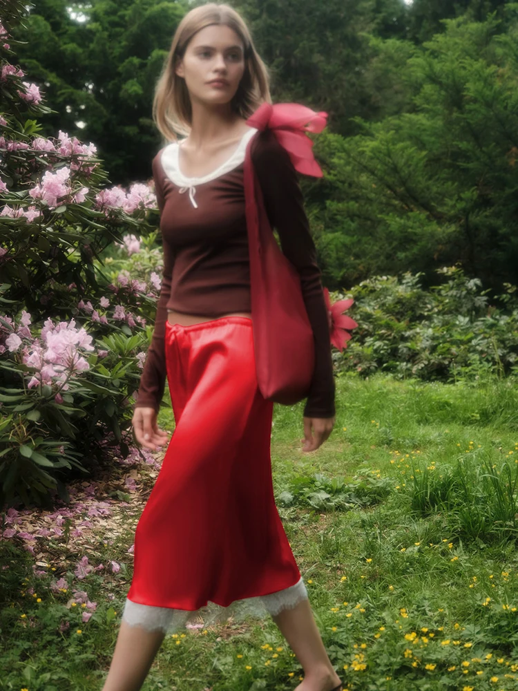 Oniflyme Chic Satin Skirt Women Lace Edge Drawstring High Waist Elegant Long Skirts Fashion Streetwear Sexy Straight Skirts