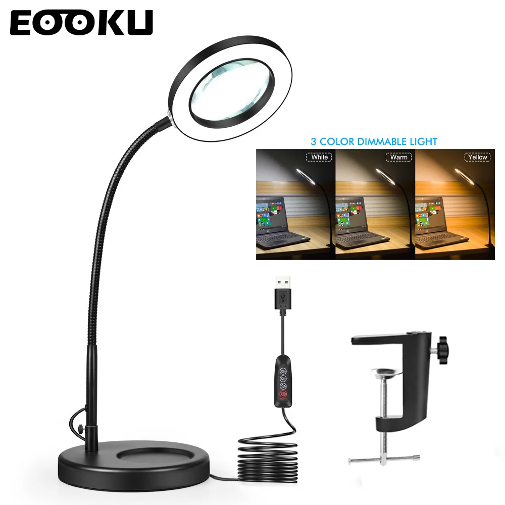 

EOOKU USB 5X Magnifying Glass LED Lamp Heavy Duty Base&Table Clamp Magnifier Light for Reading Office Illuminated Tool