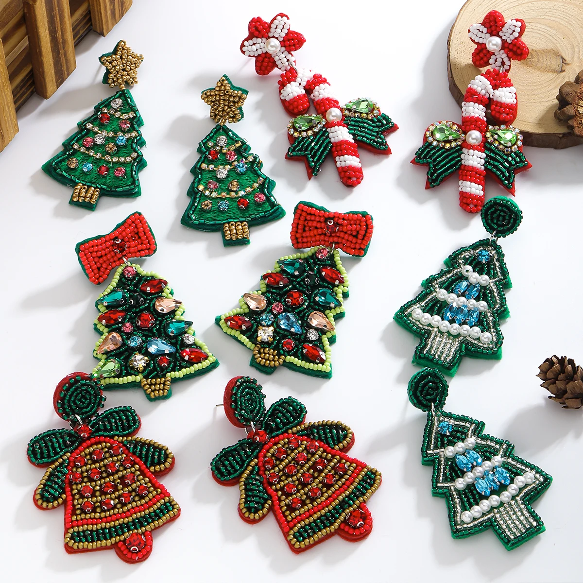 Christmas Handmade String of Beads Rhinestone Drop Earrings Christmas tree Earrings Suitable for Christmas Earrings for Women