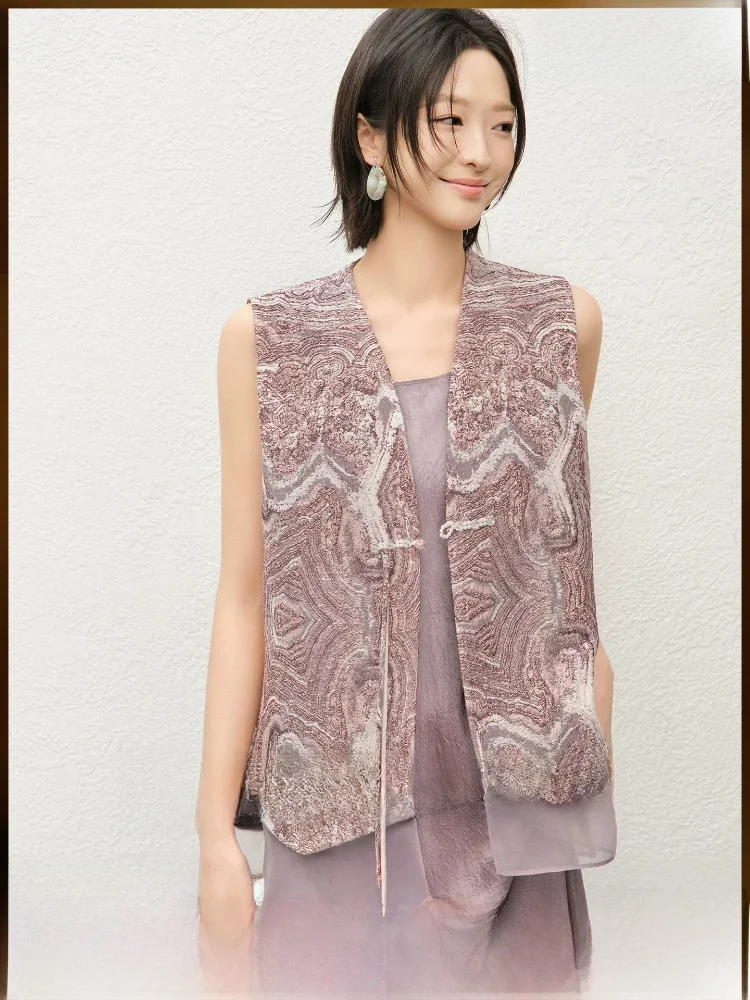 

New Chinese Style Embroidered Silk Satin Vest V-neck Button Wednesday MeiYang Women's Jacket Loose Fit Regular Length
