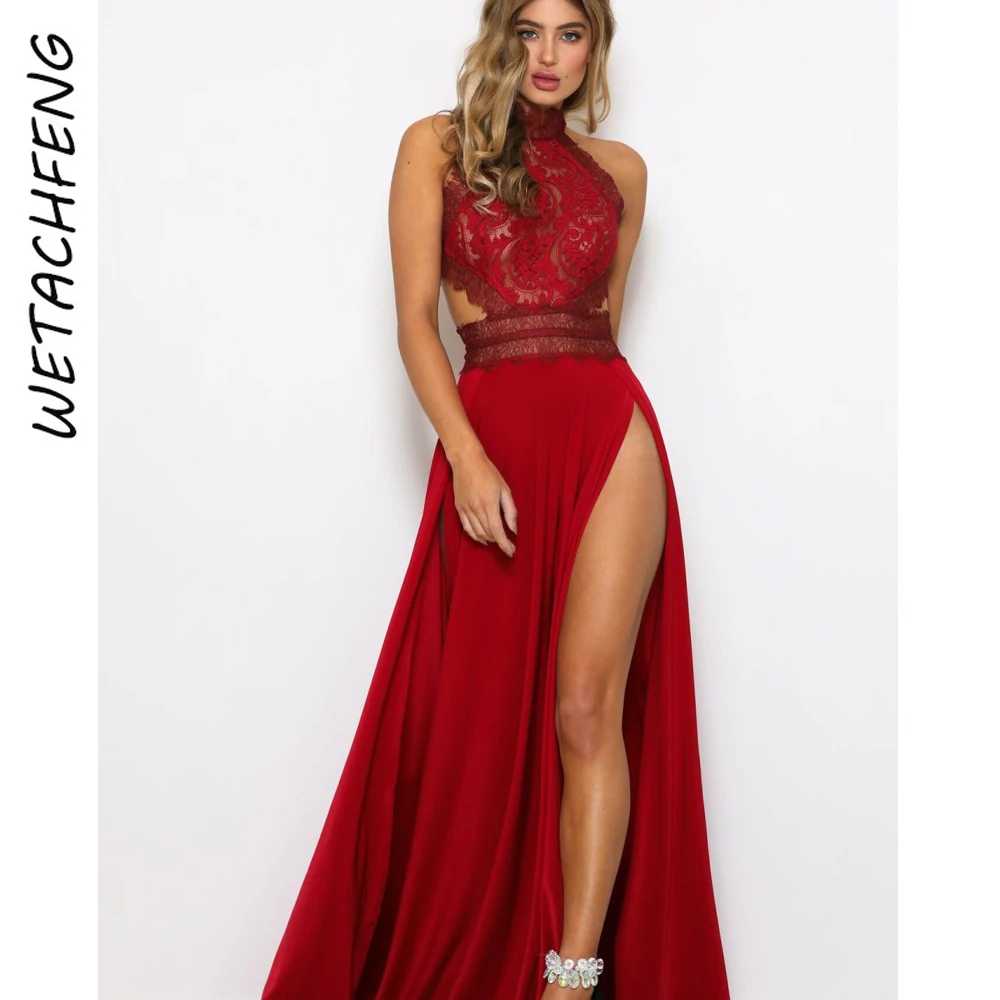 Abito lungo Sexy con spacco senza schienale in pizzo trasparente abbigliamento donna abito da sera per feste estive abito lungo Boho da spiaggia sottile rosso nero