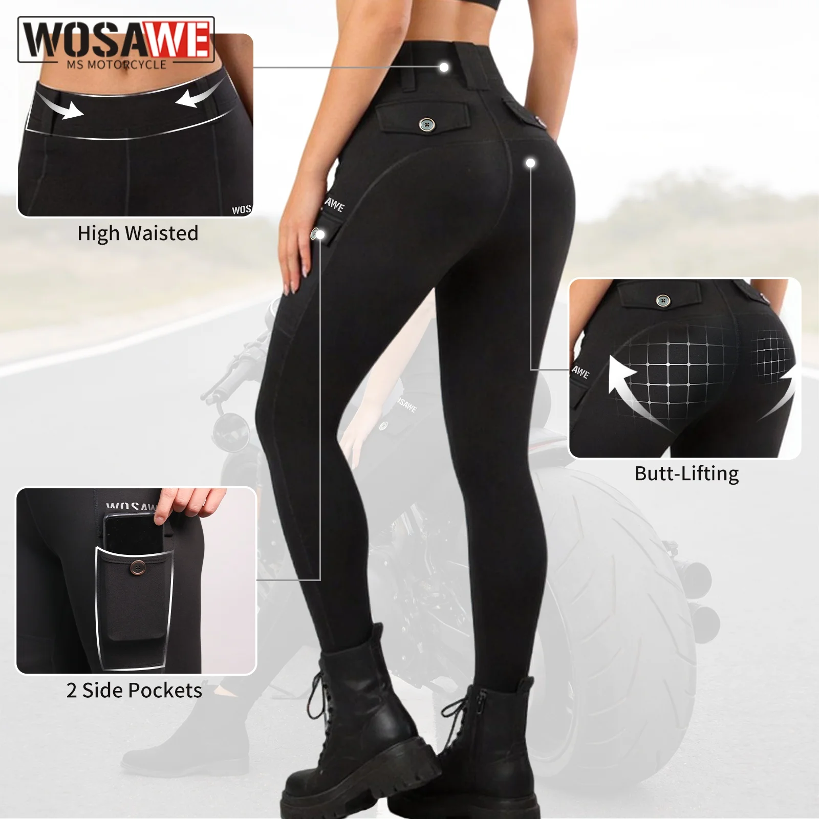 WOSAWE Women Slim Motorcycle Pants Off-road Outdoor Riding Pants Casual Running Sports Pants High Waist Leggings Stretch Pants