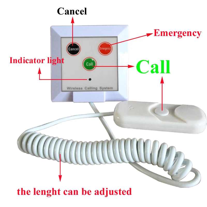 433.92mhz Patient nurse panic call button system with 4-key(call;emergency;cancel;call button from cord) for clinic hospital