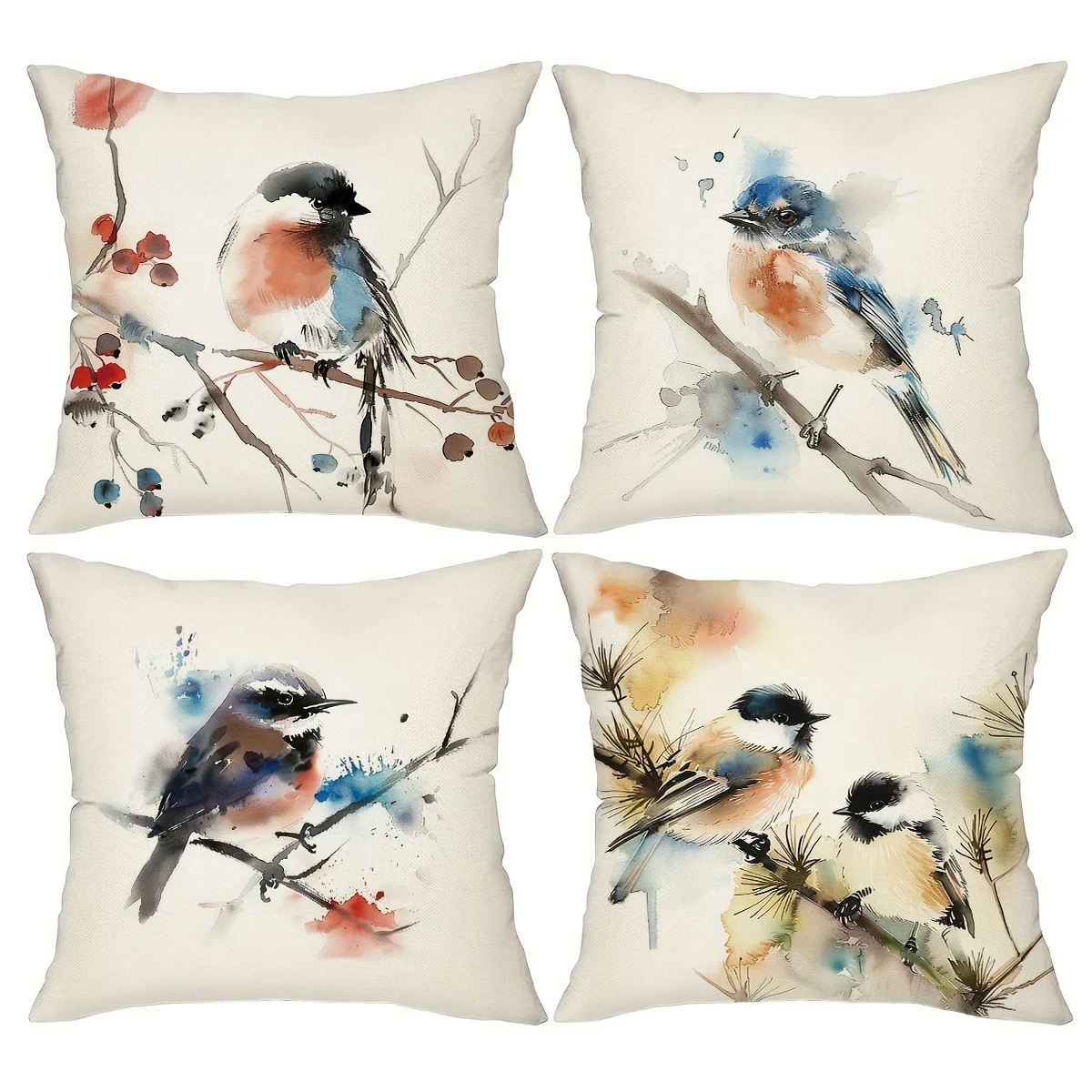 4-Pack Country-Rustic Watercolor Birds Throw Pillow Covers, Hand Wash Blend Cushion Cases with Zipper Closure, 18X18 Decorative