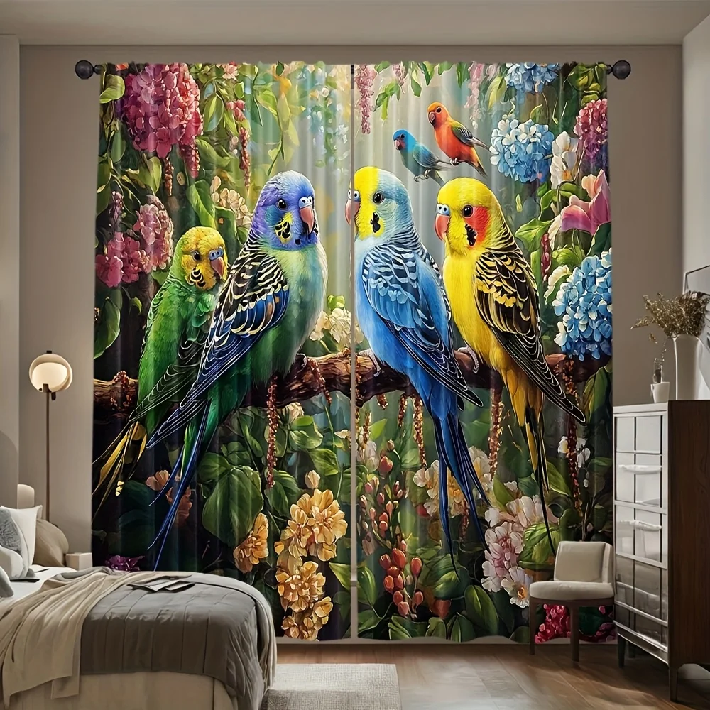 2 Panels Parrot Printed Curtains Colorful Budgie Flower Living Room Bedroom Window Drapes Polyester Home Decor