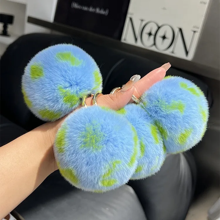 Cute otter rabbit fur pompom car key ring pendant personalized creative blue plush ball backpack bag hanging ornament gift