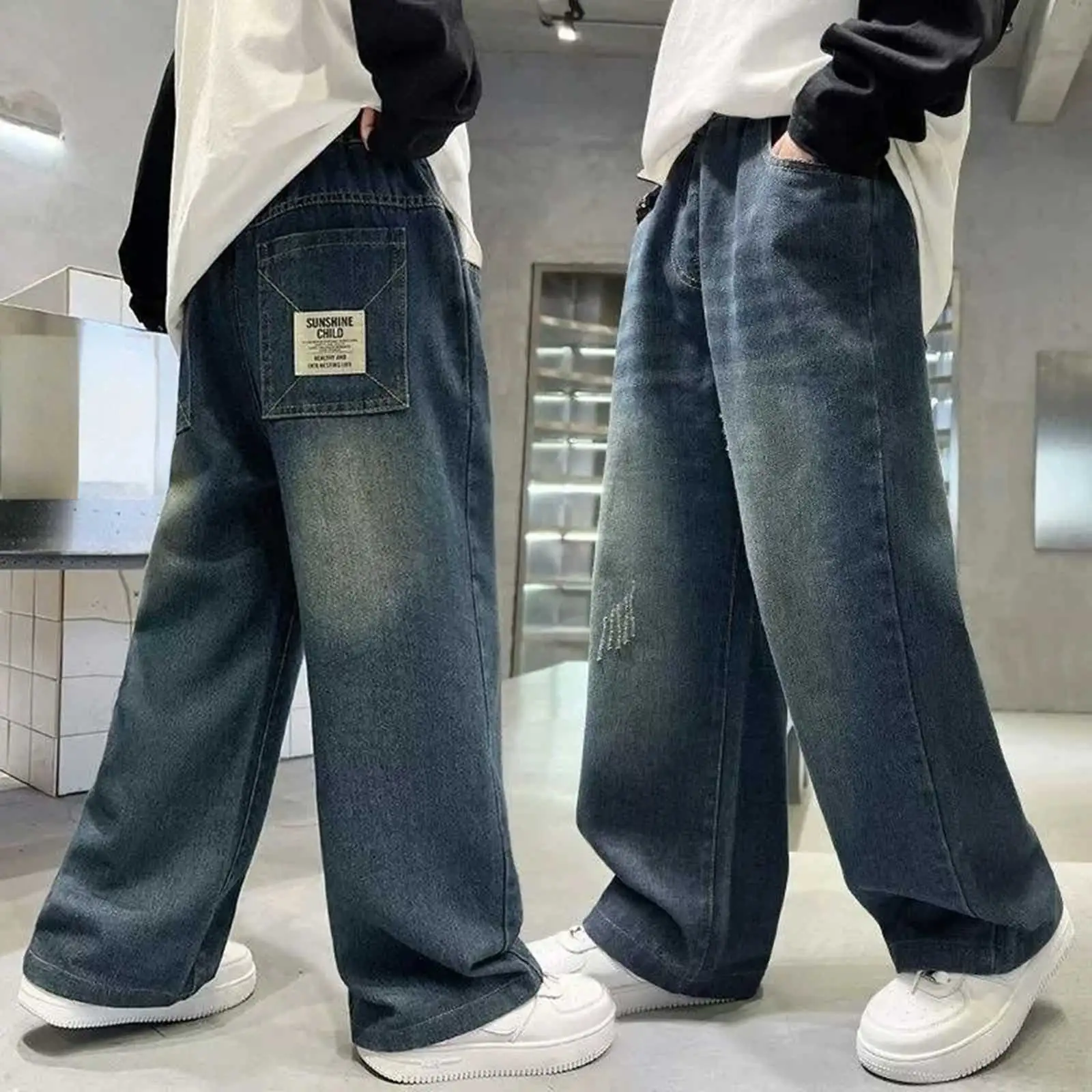 

Girl Boy Pants Children Vintage Jeans Medium And Large Kids Fashion Casual Loose Trousers Handsome Straight Slim Fit Bottom