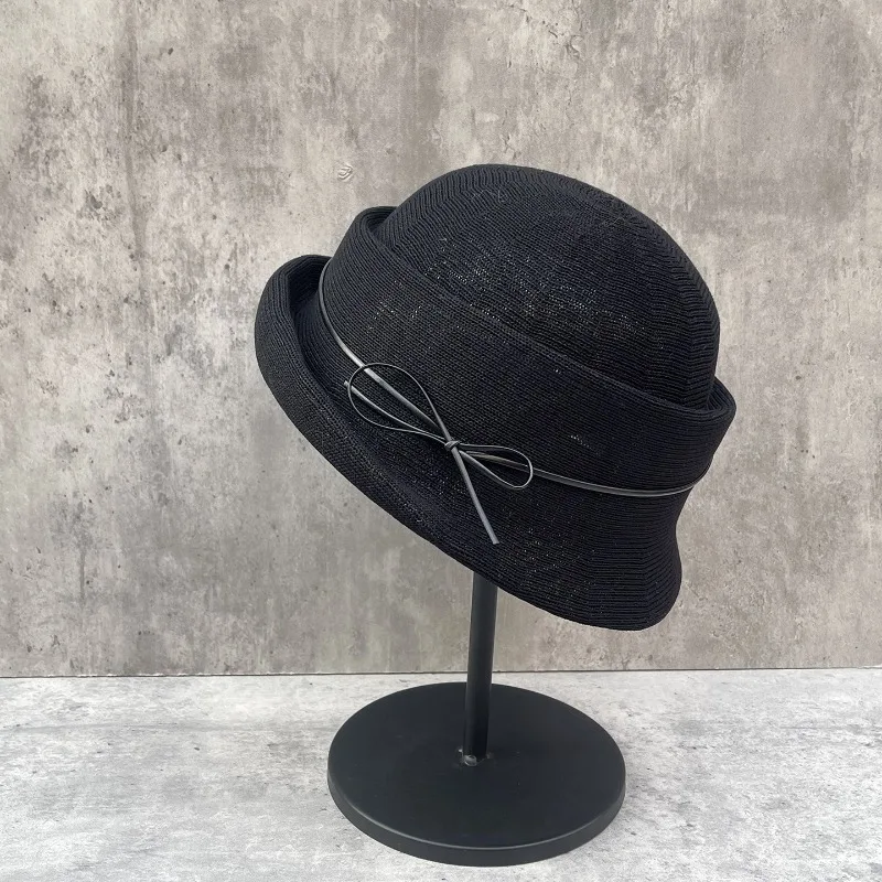 Women's Summer Black Round Top Bow Knot Rolled Brim French Knit Bucket Slim Hat
