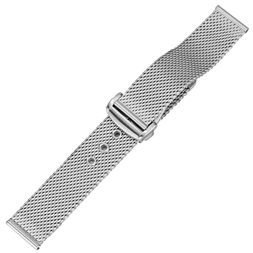 20Mm 22Mm Zilveren Mesh Armband Vouwsluiting Met Veiligheid Solid Link Mannen Vrouwen Roestvrij Stalen Band Horloge Band vervanging