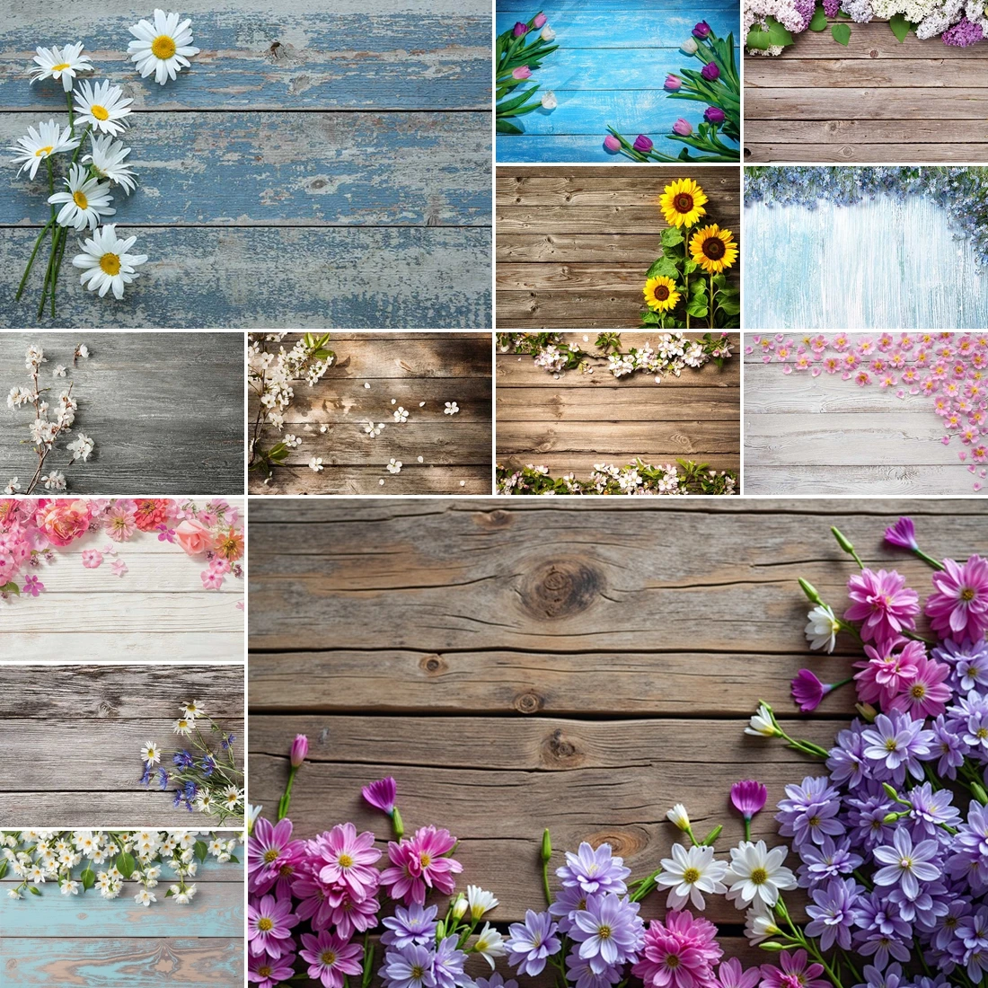 

MOON.QG Floral Backdrop Flower Blossom Wooden Photography Background Rustic Wood Birthday Decor Anniversary Wedding Bridal