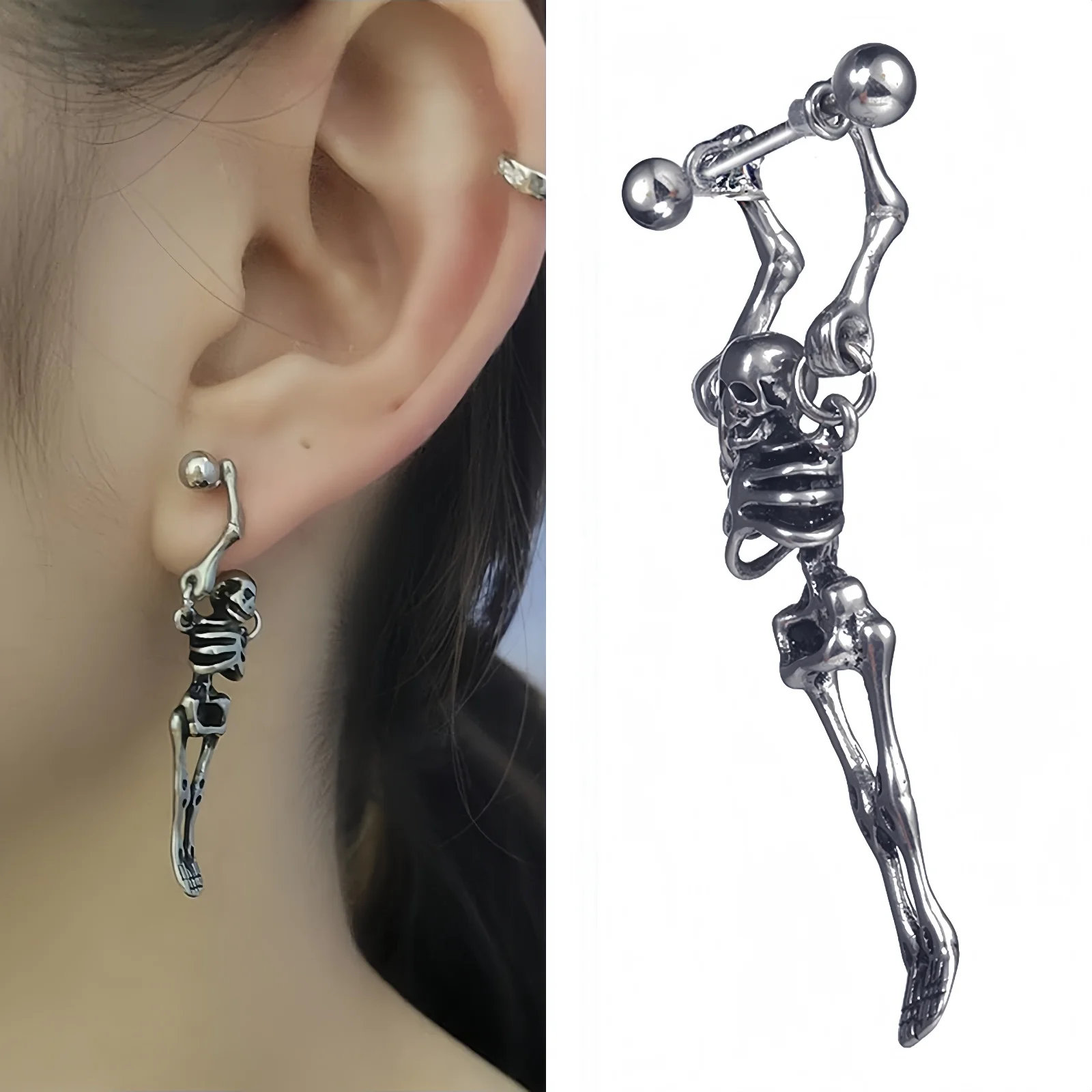 1-teilige Punk-Ohrstecker zum Aufhängen, baumelnd, Totenkopf-Skelett, Knochen, für Männer und Frauen, Gothic, einzigartiger Edelstahl-Schmuck, Halloween-Geschenk