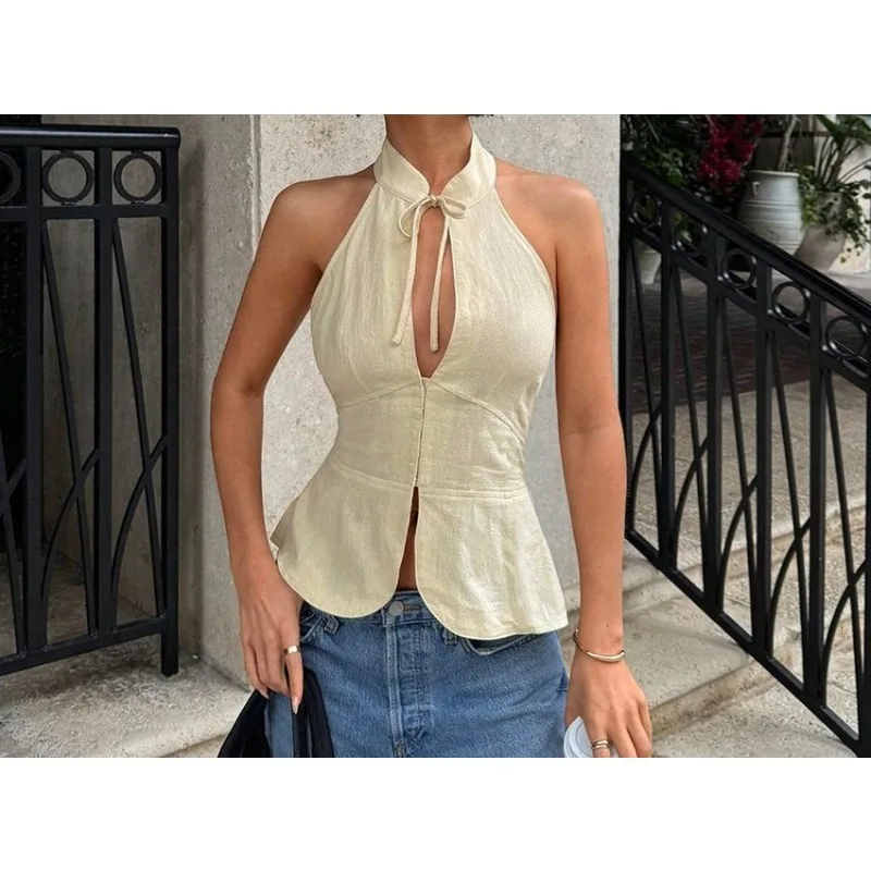 

Sexy White Tanks Tops Woman Bow Summer 2026 New Retro Backless Halter Vest Casual Pure Elastic Keyhole Corset Sleeveless Top