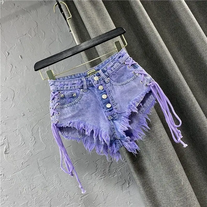 Women\'s Autumn New Purple Fashionable Sexy Low Rise Single breasted A-line Denim Shorts with Strap Hot Pants