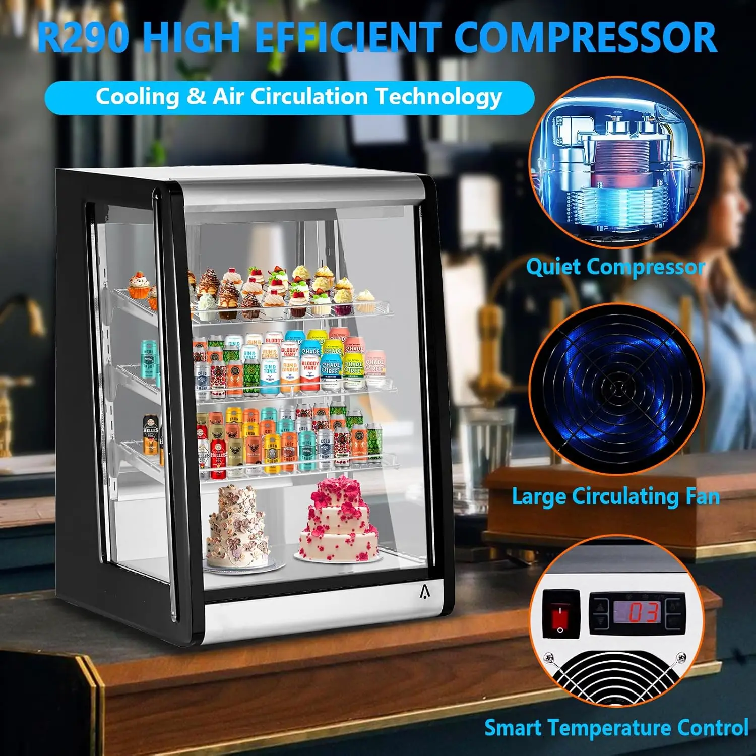 5.2 Cu.Ft Commercial Cake Display Refrigerator 146L Anti-Fog LED Lighting Double-Layer Glass Merchandiser For Bakery Cafe