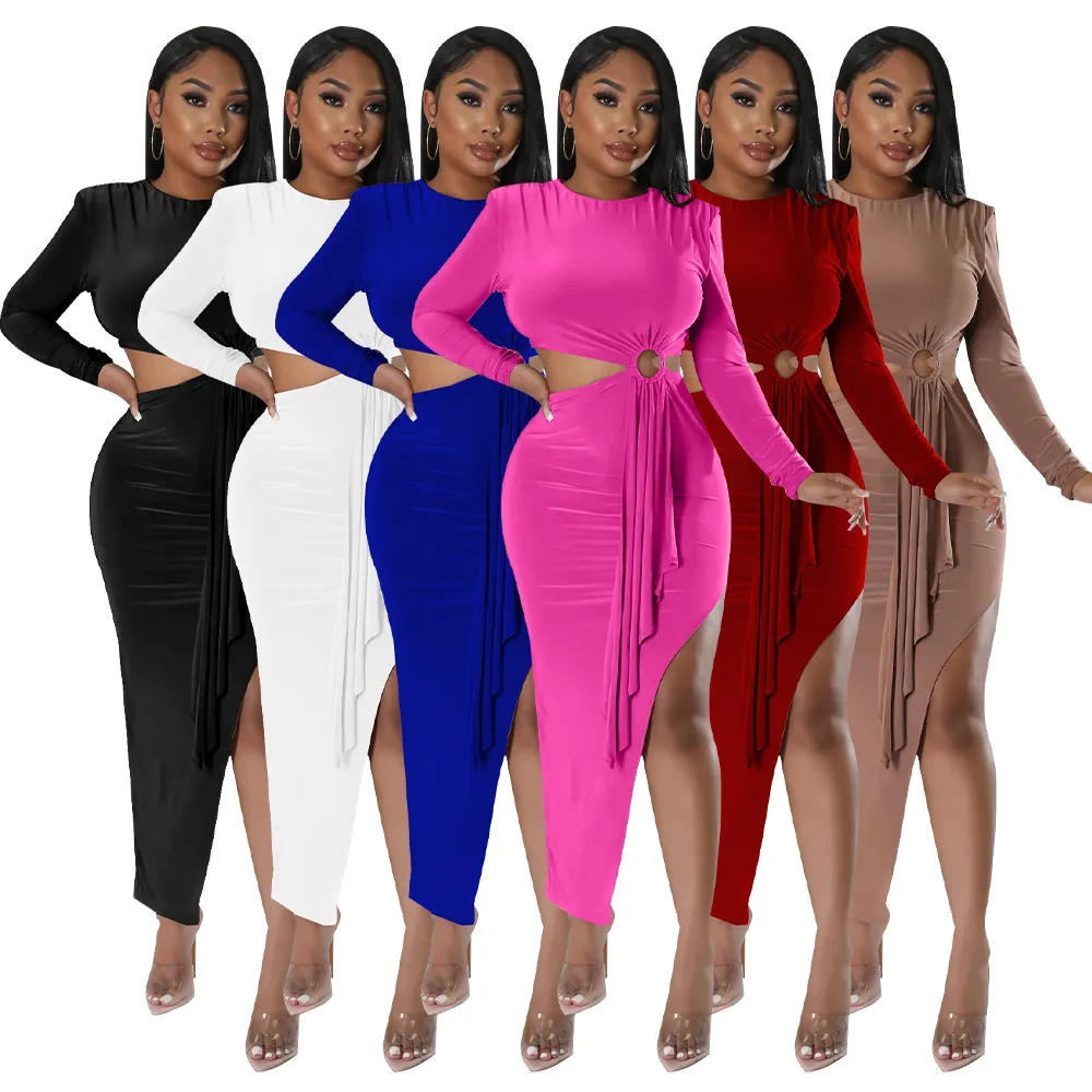 

2024 Women Long Sleeve Round Neck Sexy Roll Patchwork Cutout High Side Maxi Party Dresses Bodycon Dress Vestidos 3XS-10XL
